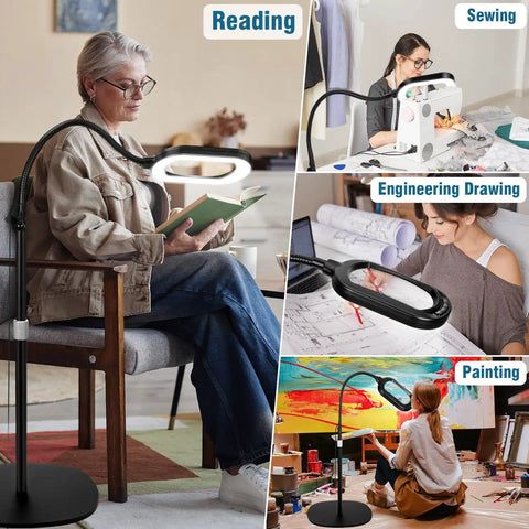 10X Optical Grade Glass Rectangular Magnifier With Light And Stand Height Adjustable Gooseneck Floor Lamp in use for crafts