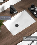 Durable White Rectangle Undermount Sink For Vanity And Bathroom, vitreous ceramic with curved sides, installed in wooden countertop