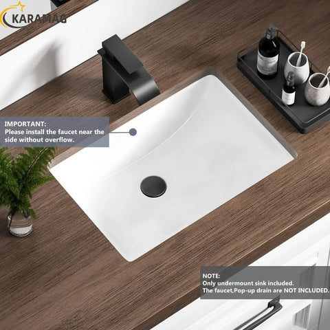 Durable White Rectangle Undermount Sink For Vanity And Bathroom, vitreous ceramic with curved sides, installed in wooden countertop
