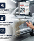 Image of a car being cleaned with a Low Effort No Fuss Deep Car Scratch Repair Paste For Easy DIY Auto Body Touch Up kit, showing product packaging and cleaning in action.