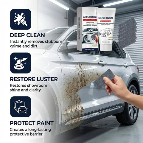 Image of a car being cleaned with a Low Effort No Fuss Deep Car Scratch Repair Paste For Easy DIY Auto Body Touch Up kit, showing product packaging and cleaning in action.