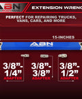 15 Inch Socket Wrench Extension Set With Three Adapters Three Eighths Inch SAE Non Swivel Leveraging Ratchet display