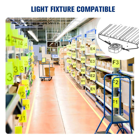 Ceiling Mounted Occupancy Motion Sensor Switch in a warehouse setting, compatible with various light fixtures and easy to install.