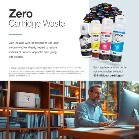 EcoTank ET-4950 Wireless All-In-One Color Supertank Printer With Refillable Ink in a home office setting with ink bottles.