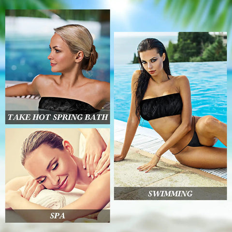 Women wearing the 100-Piece Women Disposable Underwear Set With Disposable Bras And Black Thong Panties For Spa Or Salon Use Single-Use Comfort Hygienic Travel-Friendly Hygiene Kit in various settings like hot spring bath, spa, and swimming.
