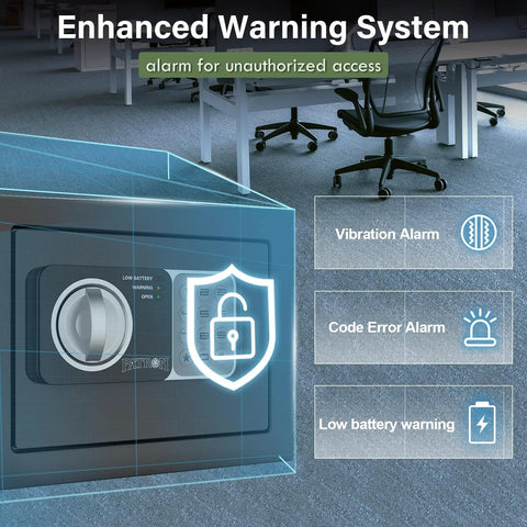 Compact Home Fireproof Safe Box With Digital Lock Mini Money Safe with enhanced warning system and alarms, black, in an office setting.