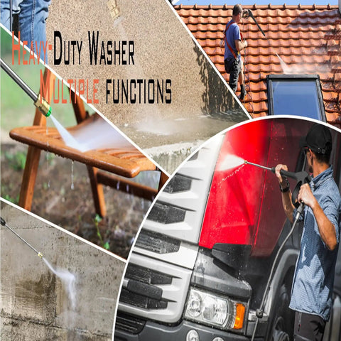 Heavy Duty Gas Pressure Washer That Whips Dirty Decks And Driveways Clean In Seconds With 3500 PSI And 2.6 GPM cleaning different surfaces.