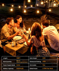 People dining outdoors under 108 Feet Solar String Lights Outdoor With Remote And USB Port Dimmable Timable Three Modes Shatterproof Bulbs