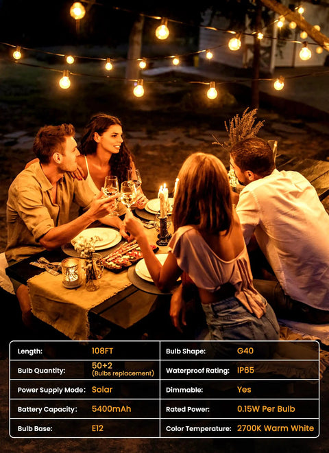 People dining outdoors under 108 Feet Solar String Lights Outdoor With Remote And USB Port Dimmable Timable Three Modes Shatterproof Bulbs