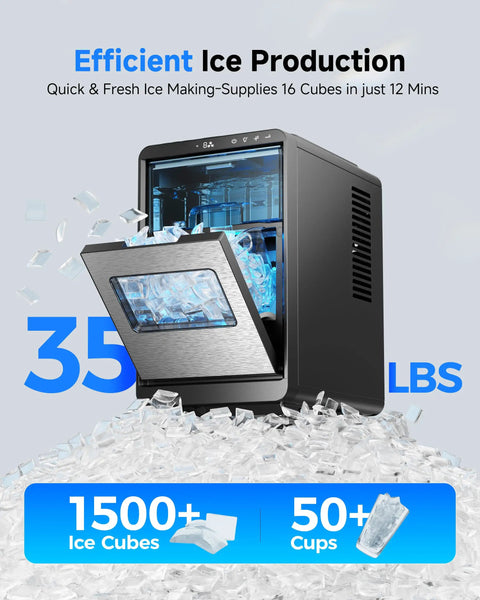 Crescent Ice Maker Countertop With Self Cleaning And Timer Delivers 16 Crystal Clear Crescent Ice In Just 12 Minutes 35 Lbs Per Day Party Ready For Home Office Or Party showcasing ice production features.