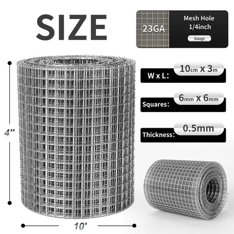 The Real Deal 1/4 Inch Hot Dipped Galvanized Wire Mesh Roll 23 Gauge, 10 x 4 feet, showing tight weave and dimensions.