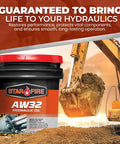 AW32 Hydraulic Fluid 5 Gallon Pail For Industrial And Mobile Gear displayed with construction excavator background