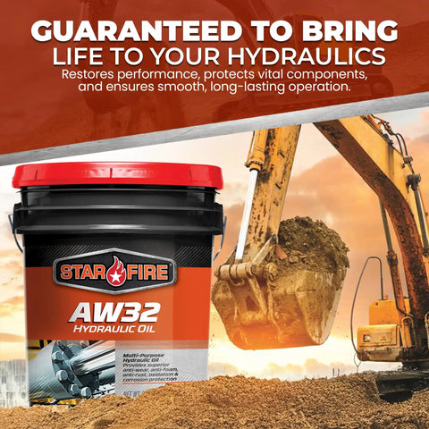 AW32 Hydraulic Fluid 5 Gallon Pail For Industrial And Mobile Gear displayed with construction excavator background