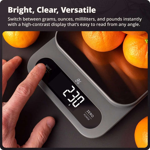 Person using Beast Mode Kitchen Scale for Bulk Cooking 22 Pound Digital Food Scale with 1 Gram Precision and LCD