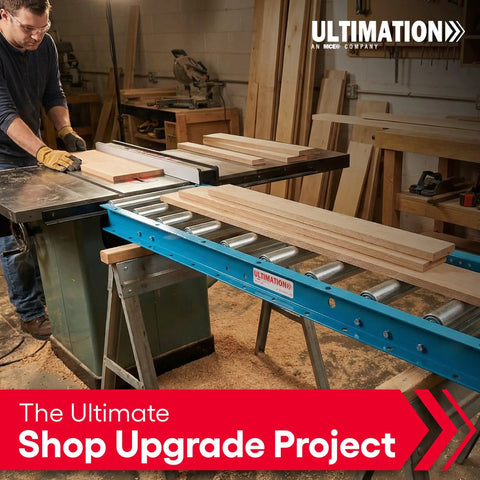 Man using light duty gravity conveyor with 1.5 inch galvanized steel rollers, 12 inch wide, 3 foot long steel frame in workshop