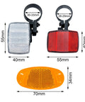 Six Pack Bike Reflectors Front And Rear With Wheel Spoke Brackets shown with size dimensions and handlebar mounts
