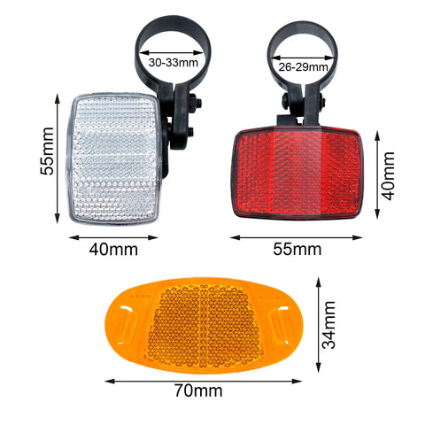 Six Pack Bike Reflectors Front And Rear With Wheel Spoke Brackets shown with size dimensions and handlebar mounts
