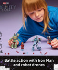 Child playing with Marvel Iron Man and War Machine Battle Drones Building Toy Set with two minifigures, ages 7 plus.