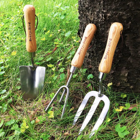 3 Piece Garden Tool Set With Stainless Steel Hand Trowel Hand Cultivator And Hand Fork With Wood Handles on grass by tree