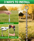 12 Inch Rustproof Aluminum Screw In Tent Stakes Set With 8mm Drill Adapter And Hooks shown with installation options