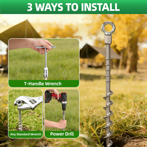 12 Inch Rustproof Aluminum Screw In Tent Stakes Set With 8mm Drill Adapter And Hooks shown with installation options