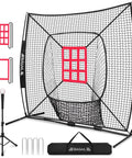 7x7 Ft Extra Large Baseball And Softball Training Net With Batting Tee, heavy-duty steel frame, knotless polyester net
