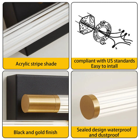 Black And Gold Slick Vanity Lights For Bathroom 30 Inch LED Vanity Lighting Fixtures With Acrylic Striped Shade details