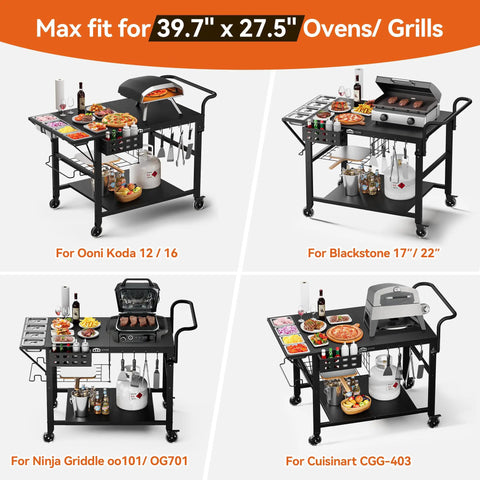 Universal Pizza Oven Table And Grill Cart For Outdoor Kitchens All In One Setup Workhorse Fits Blackstone Ninja Cuisinart Gozney Solo Stove Ovens With Seasoning Tray And Prep Station 47 Inches Long By 27 And A Half Inches Wide By 30 Inches High, showing compatibility with various oven brands.