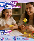 Mother and child using Origami Paper Craft Kit For Kids Ages 6 To 12 With 100 Colored Sheets, creating paper flowers together.