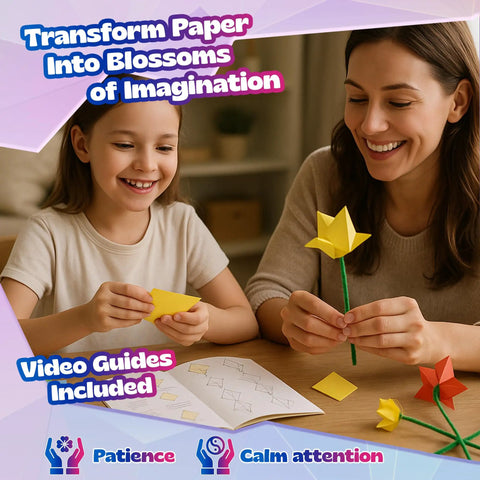 Mother and child using Origami Paper Craft Kit For Kids Ages 6 To 12 With 100 Colored Sheets, creating paper flowers together.