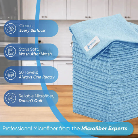Stack of blue microfiber cloths with labels, kitchen background
