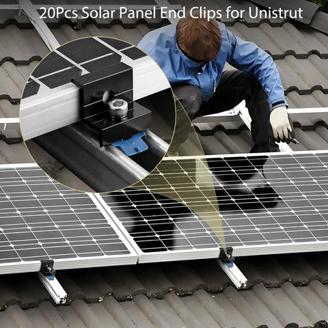 20 Pcs Solar Panel End Clamps For Standard Unistrut Heavy Duty Aluminum Mounting Brackets 30mm 35mm With Nuts Bolts Solar Panel Mounting Kit For Metal Roof Tin Roof Flat Roof Sheet Roof And RV Black, installed on metal roof