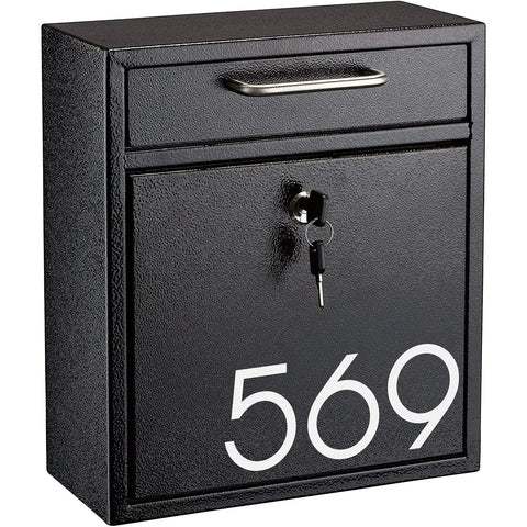Black mailbox with key lock featuring 2 Inch Reflective Mailbox Numbers Sticker Set, 5 Packs of 0 Through 9, with numbers 569
