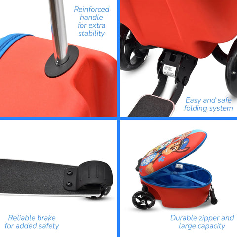 Paw Patrol ride-on luggage for kids; red carry-on scooter with light-up wheels and foldable design