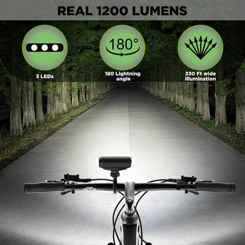 Beefy 1200 Lumen USB C Rechargeable Bike Light for night riding, showing 3 LEDs beam, 180° rotatable head, illuminating dark forest path.