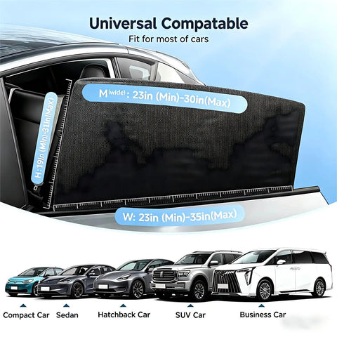 Universal fit baby car window shades with UV block and 99 percent sun protection, dimensions displayed, compatible with various cars.