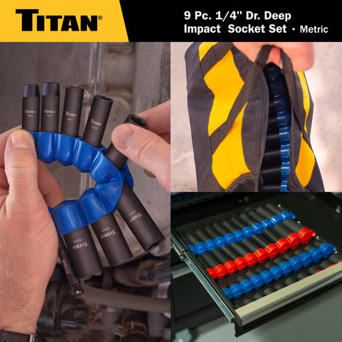 9-Piece 1/4-Inch Drive Deep Impact Socket Set With 6-Point Metric Sizes 6 To 14mm Plus 1/4-Inch Hex To Square Wobble Adapter