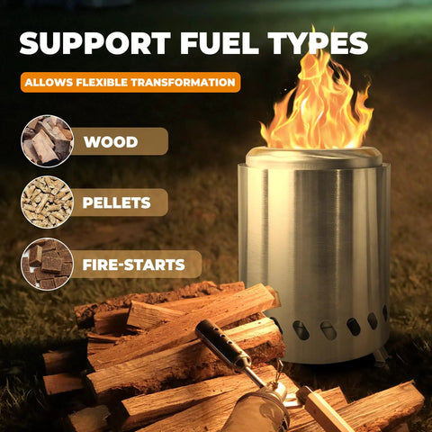 Smokeless Tabletop Fire Pit With Portable Pellet Stove burning, showing supported fuels: wood, pellets, fire-starts, cozy backyard setup.