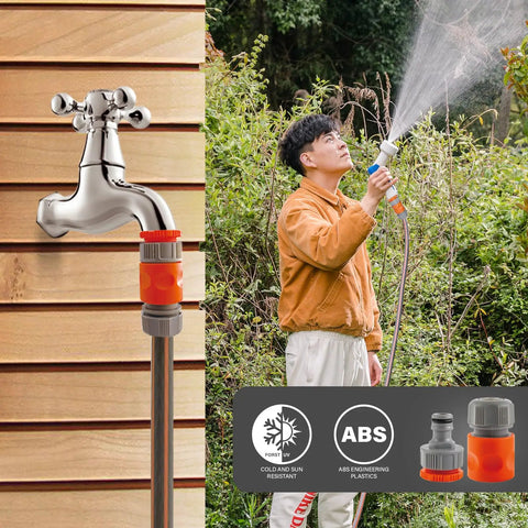 Four Piece Quick Connect Hose Fittings Set In Half Inch And Three Quarter Inch ABS Hose Connector attached to spigot and hose