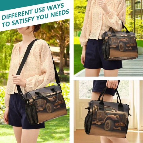 Retro Desert Cooler Bag Lunch Box for Outdoor Picnics and Camping used as shoulder and hand tote with truck design