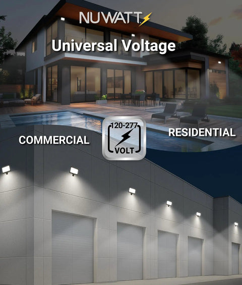 Image of a modern house and commercial building lit by 90W LED Flood Light With 3CCT 3000K 4000K 5000K Selectable, IP65 waterproof.