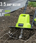 18 Inch Electric Tiller Cultivator With 8.7 Inch Depth And 24 Steel Tines, 13.5 Amp motor tilling soil in garden bed