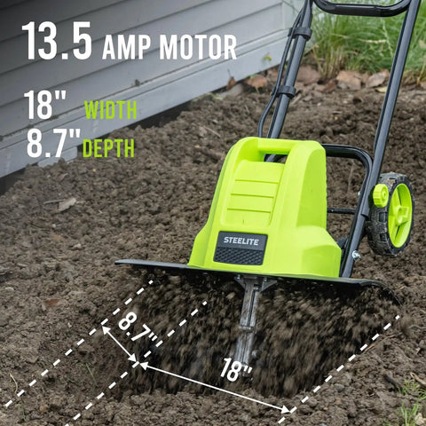 18 Inch Electric Tiller Cultivator With 8.7 Inch Depth And 24 Steel Tines, 13.5 Amp motor tilling soil in garden bed