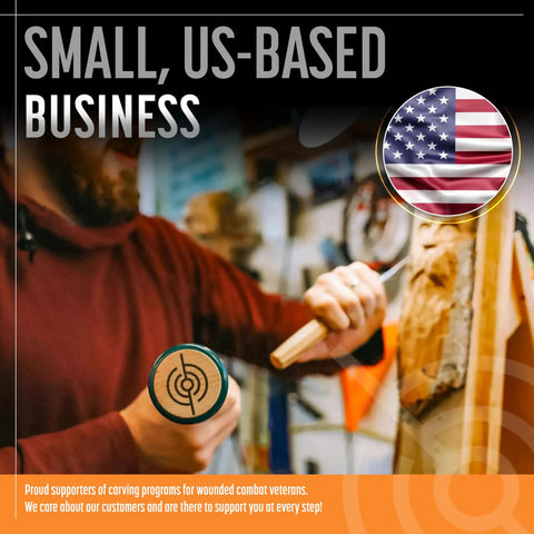Pro Level Wood Carving Chisel Set Seven Piece Gouges With Cr-V 60 Steel shown in use by small US-based business owner.