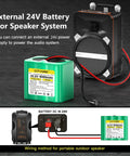 High Capacity 24V Lithium Battery 4000mAh 96Wh with charger connected to a speaker system, displaying wiring method.