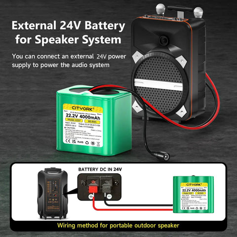 High Capacity 24V Lithium Battery 4000mAh 96Wh with charger connected to a speaker system, displaying wiring method.