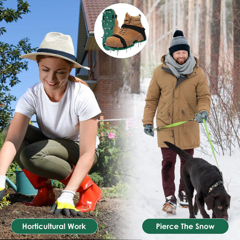 Split image of a woman gardening and a man walking dog; inset showing Spiked Lawn Aerator Shoes With Adjustable Straps For Easy Yard Aeration.