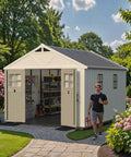 10x12 Ft Outdoor Storage Shed With Floor And Lockable Door All Weather Resin With Skylight And Multiple Windows Beige Backyard Garden Shed