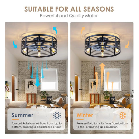 20 Inch Black Caged Ceiling Fan With Light Flush Mount Fandelier With Remote suitable for summer and winter use in living room