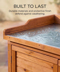 Outdoor Garden Wood Storage Cabinet With Waterproof Tool Shed details showing water-resistant tabletop in natural finish.